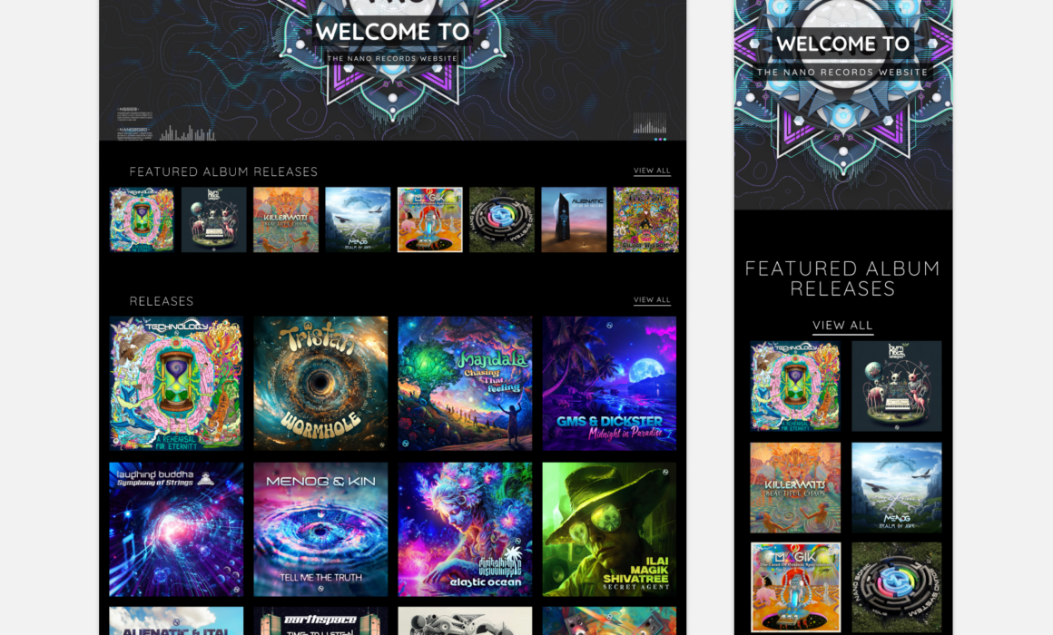 Explore the dynamic website of NANO Records, designed by Imago Visual, showcasing the vibrant world of Psytrance.