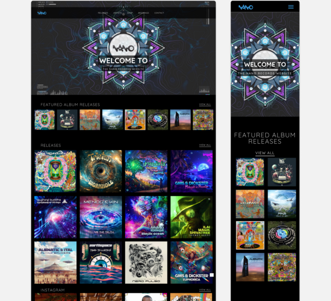 Explore the dynamic website of NANO Records, designed by Imago Visual, showcasing the vibrant world of Psytrance.