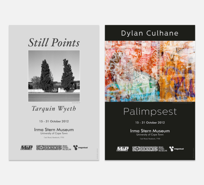 Posters for “Still Points” and “Palimpsest” exhibitions at the Irma Stern Museum, designed by Imago Visual for the Month of Photography 2012.