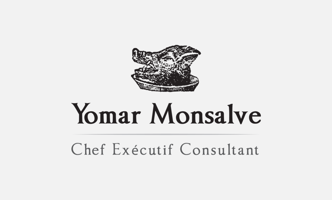 Logo for Yomar Monsalve, designed by Imago Visual, featuring a classical woodcut-style boar’s head on a platter, representing his Venezuelan heritage and Parisian culinary artistry.