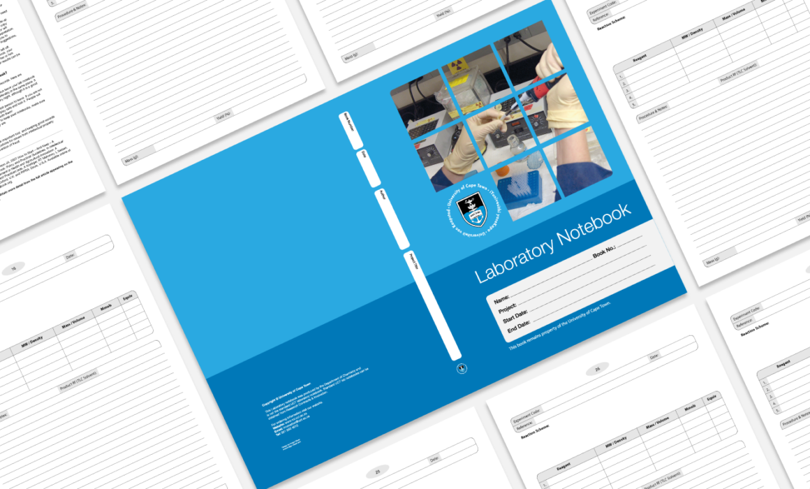 Durable Lab Journals designed by Imago Visual for RC&I at UCT, featuring a spill-resistant cover and flat-lay binding.