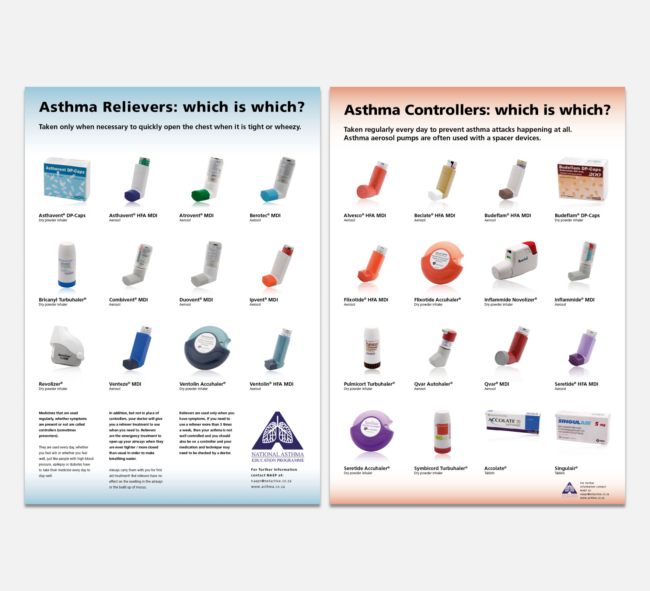 Educational posters on asthma inhalers designed by Imago Visual, showcasing different types of asthma relievers and controllers.