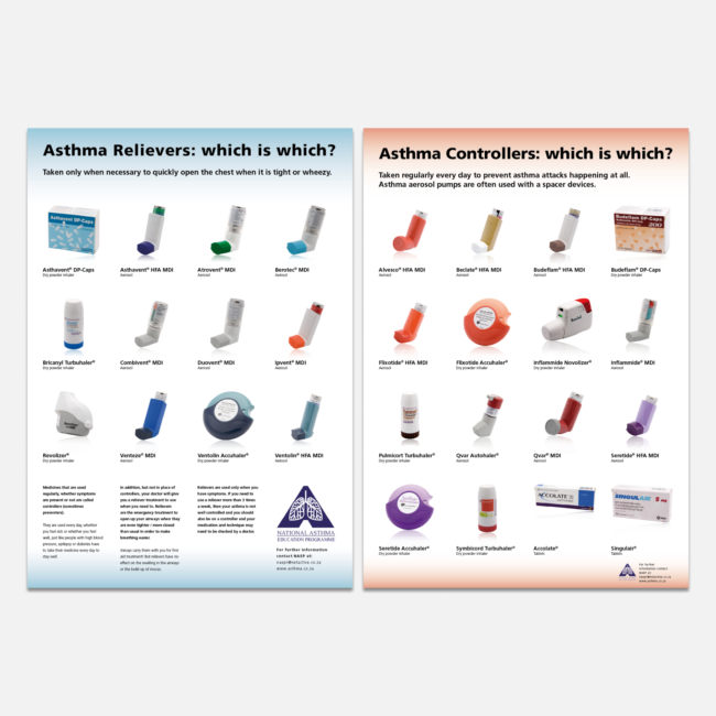 Educational posters on asthma inhalers designed by Imago Visual, showcasing different types of asthma relievers and controllers.