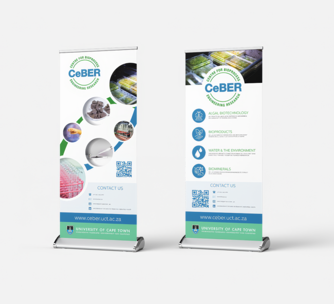 Roll-up banners designed for CeBER’s events, reflecting the centre’s focus on bioprocess engineering.