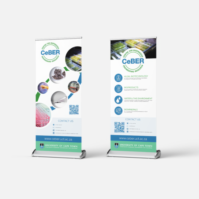 Roll-up banners designed for CeBER’s events, reflecting the centre’s focus on bioprocess engineering.