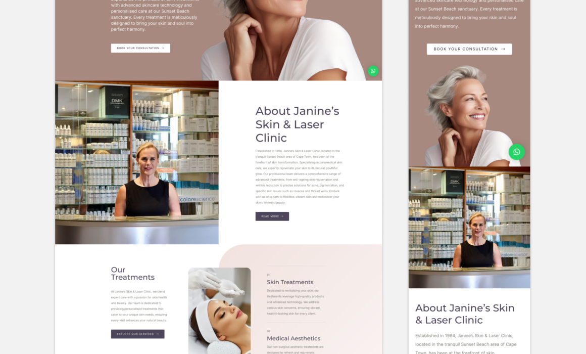 Homepage of Janine’s Skin & Laser Clinic designed by Imago Visual, featuring a clean, professional layout with easy navigation.