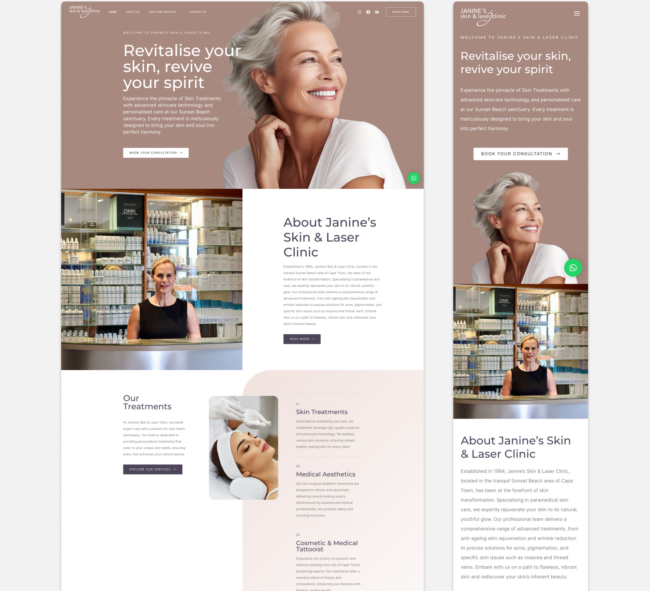 Homepage of Janine’s Skin & Laser Clinic designed by Imago Visual, featuring a clean, professional layout with easy navigation.