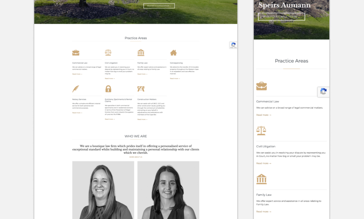 Homepage of Speirs Aumann’s newly designed website, showcasing their professional legal services.