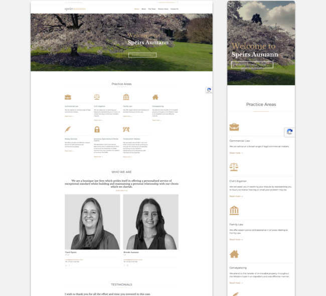 Homepage of Speirs Aumann’s newly designed website, showcasing their professional legal services.