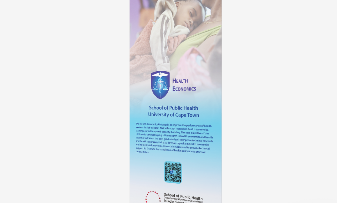 Rollup banners designed by Imago Visual for the Health Economics Unit, showcasing key research and policy initiatives.