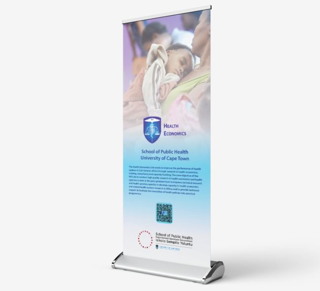 Rollup banners designed by Imago Visual for the Health Economics Unit, showcasing key research and policy initiatives.