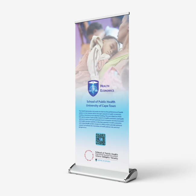 Rollup banners designed by Imago Visual for the Health Economics Unit, showcasing key research and policy initiatives.