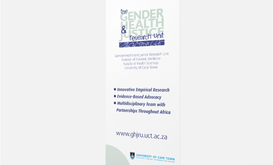 Informative banner designed for the Gender Health & Justice Research Unit, displaying key advocacy areas and services.