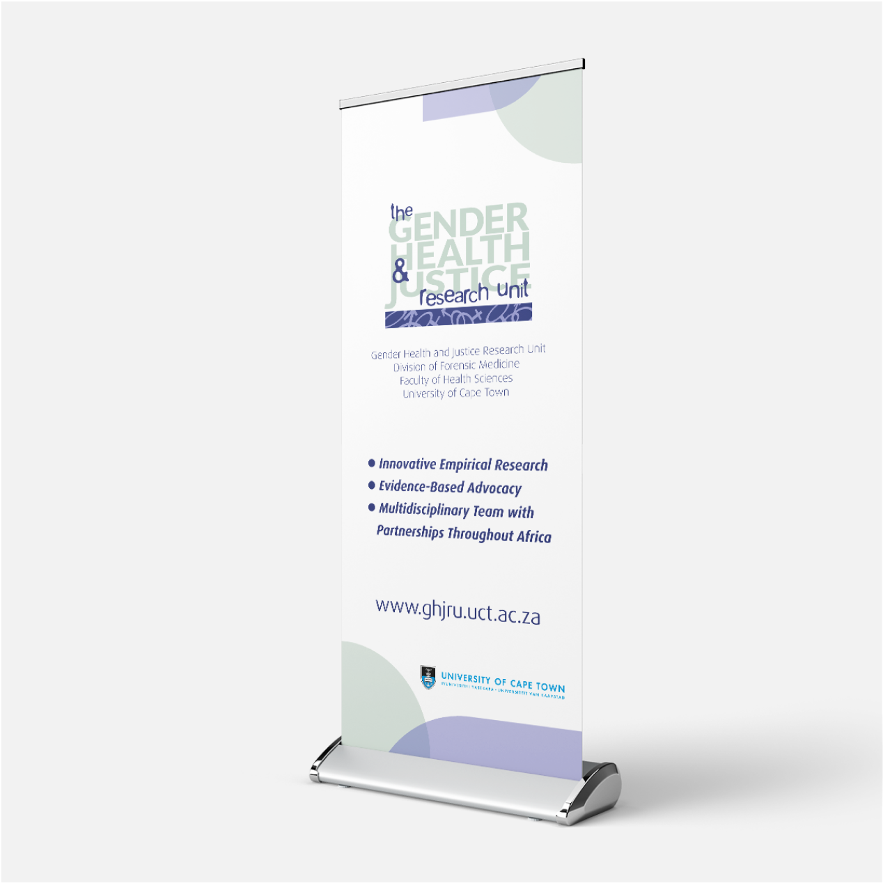 Informative banner designed for the Gender Health & Justice Research Unit, displaying key advocacy areas and services.