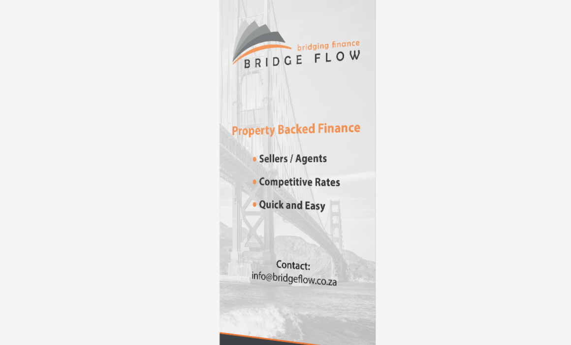 Promotional banners and custom coffee mugs designed for Bridge Flow, showcasing the company’s branding and financial services.