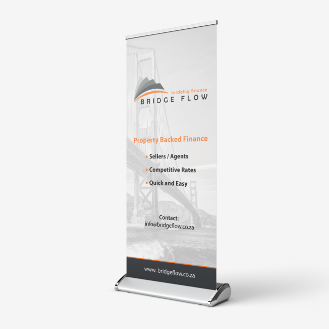 Promotional banners and custom coffee mugs designed for Bridge Flow, showcasing the company’s branding and financial services.