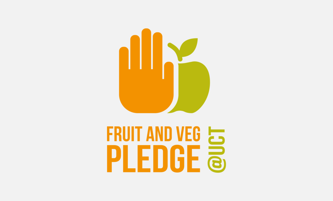 Logo for the UCT Fruit and Veg Pledge campaign, featuring a hand and an apple, symbolising a commitment to healthy eating.