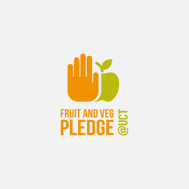 Logo for the UCT Fruit and Veg Pledge campaign, featuring a hand and an apple, symbolising a commitment to healthy eating.