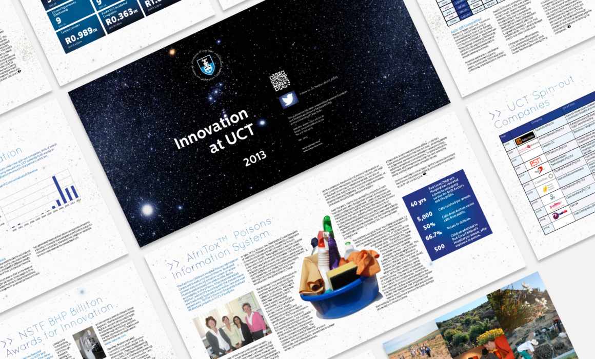 “Innovation at UCT 2013” report cover designed by Imago Visual, featuring modern graphics and infographics.