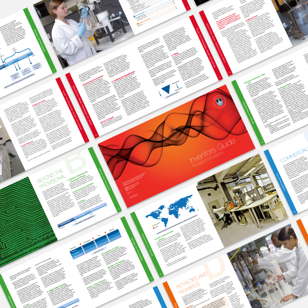 Page spreads of the Inventor’s Guide designed by Imago Visual for RC&I at UCT, featuring modern graphic elements.