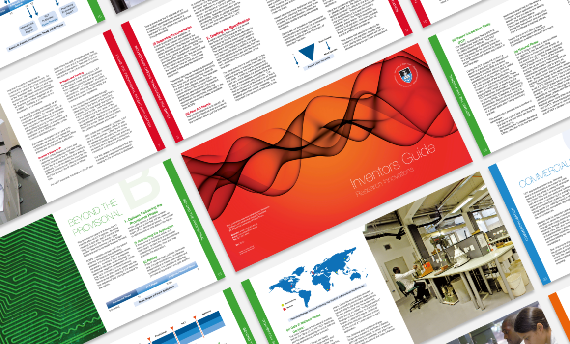 Page spreads of the Inventor’s Guide designed by Imago Visual for RC&I at UCT, featuring modern graphic elements.