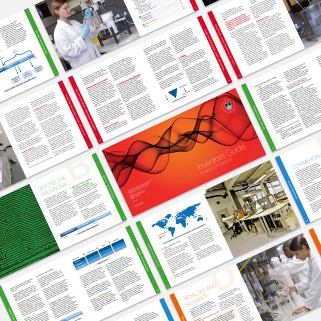 Page spreads of the Inventor’s Guide designed by Imago Visual for RC&I at UCT, featuring modern graphic elements.