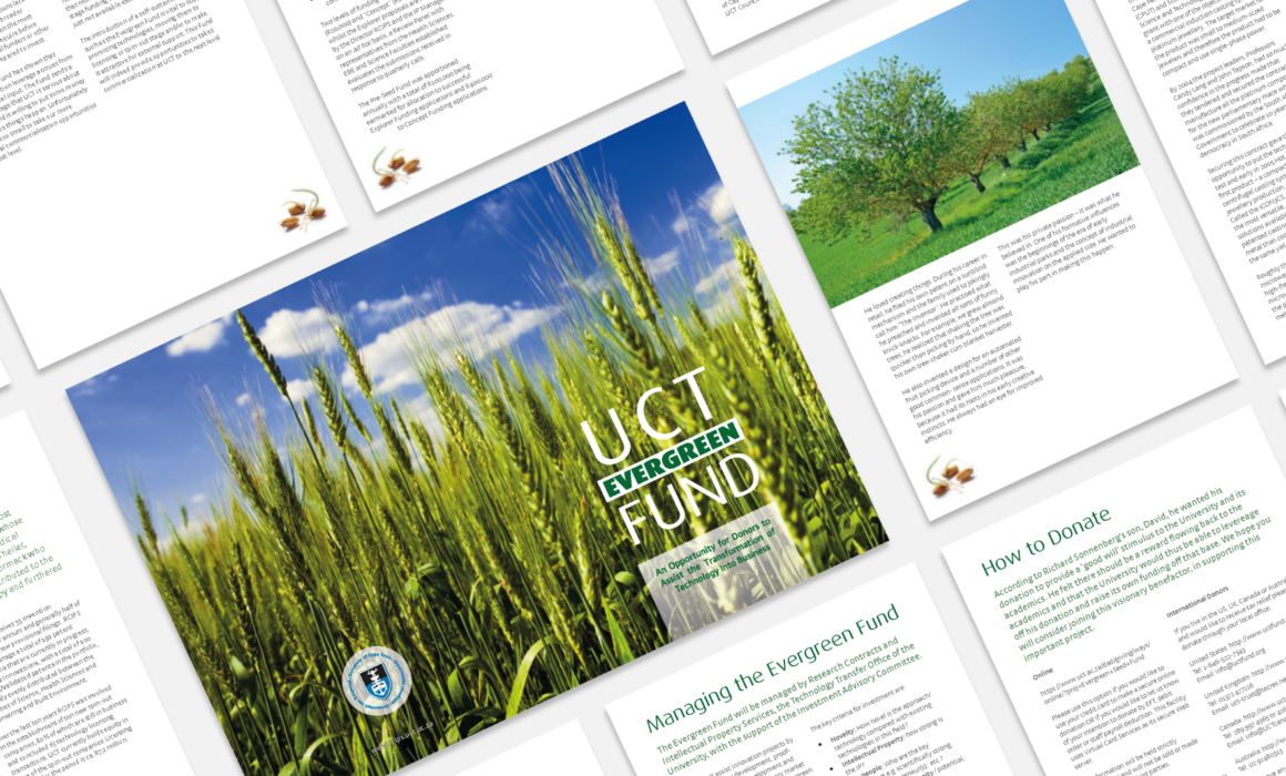 UCT Evergreen Fund booklet designed by Imago Visual, highlighting the impact of seed funding in academia.