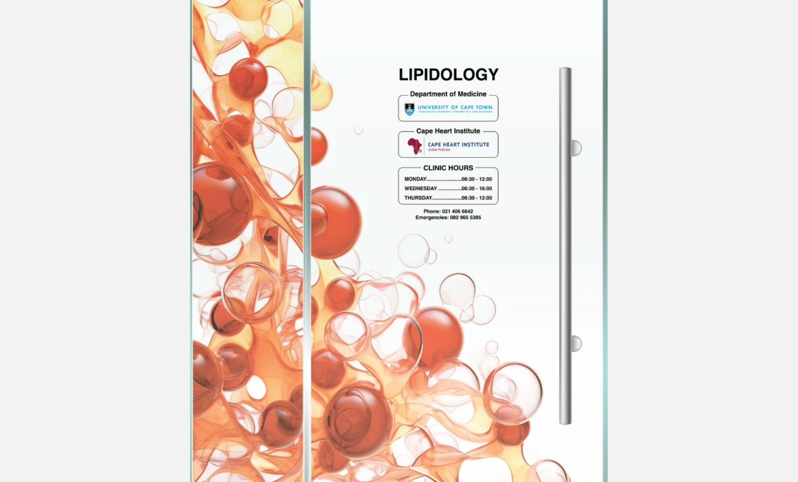 Innovative window graphic design for UCT Lipidology by Imago Visual, featuring abstract lipid representations.