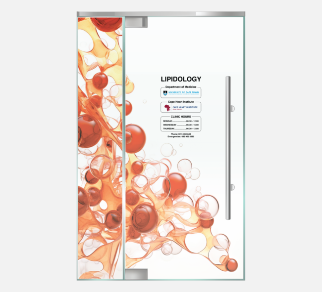 Innovative window graphic design for UCT Lipidology by Imago Visual, featuring abstract lipid representations.