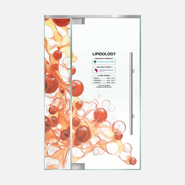 Innovative window graphic design for UCT Lipidology by Imago Visual, featuring abstract lipid representations.