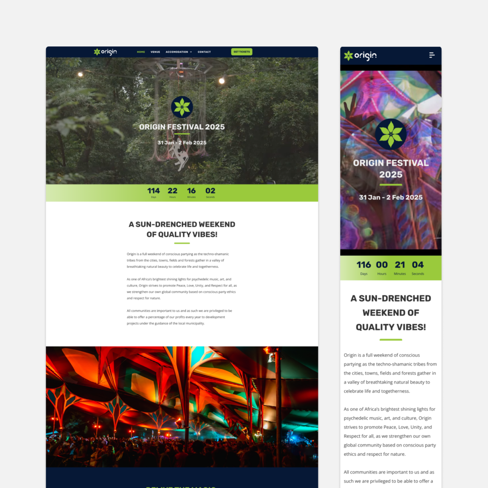 Website design for Origin Festival SA by Imago Visual, featuring vibrant psychedelic themes and a user-friendly interface for ticket bookings and event information.