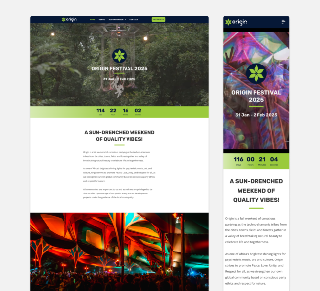 Website design for Origin Festival by Imago Visual, featuring vibrant psychedelic themes and a user-friendly interface for ticket bookings and event information.