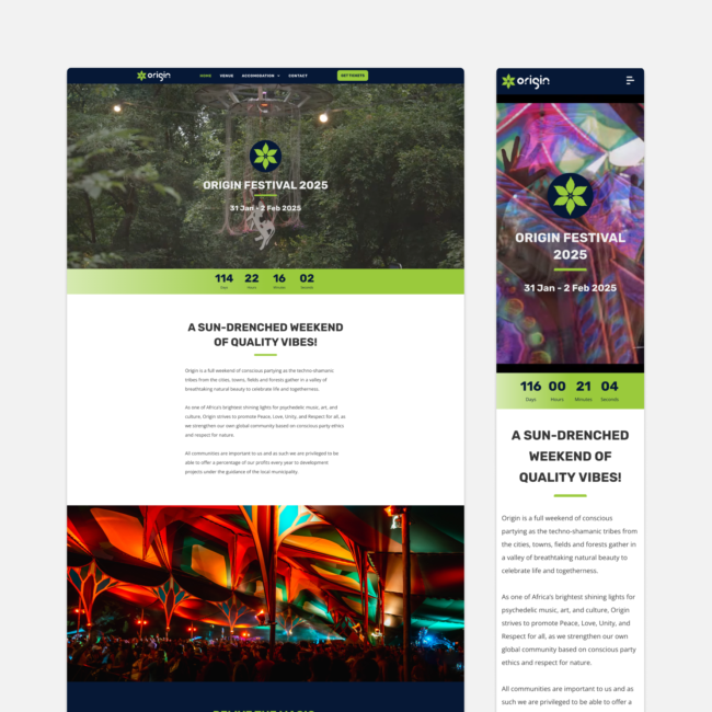 Website design for Origin Festival by Imago Visual, featuring vibrant psychedelic themes and a user-friendly interface for ticket bookings and event information.