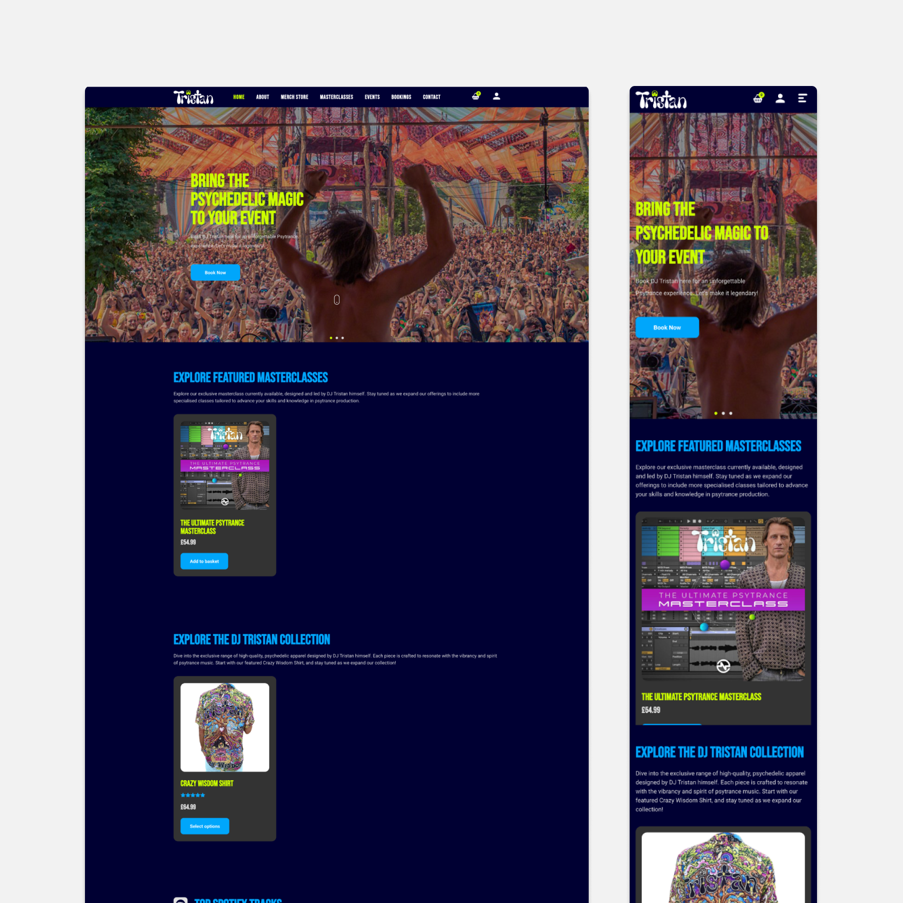 DJ Tristan Official Website Design by Imago Visual Homepage of DJ Tristan’s official website, designed by Imago Visual, showcasing his music, merchandise, and Masterclass features.