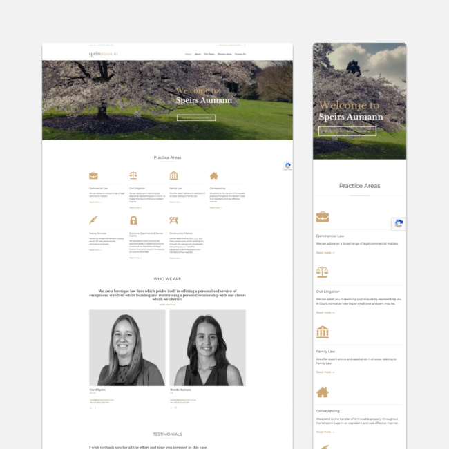 Homepage of Speirs Aumann’s newly designed website, showcasing their professional legal services.