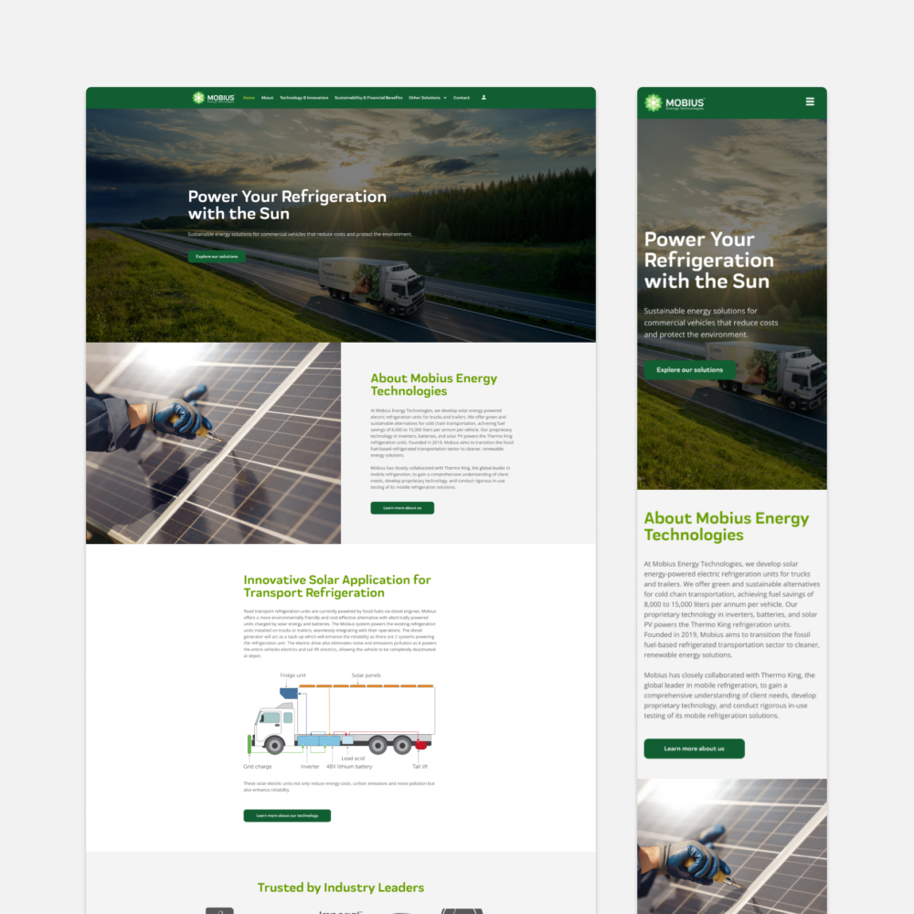 Mobius Energy Technologies website displayed on desktop and mobile, showcasing responsive design and sustainable transport solutions.