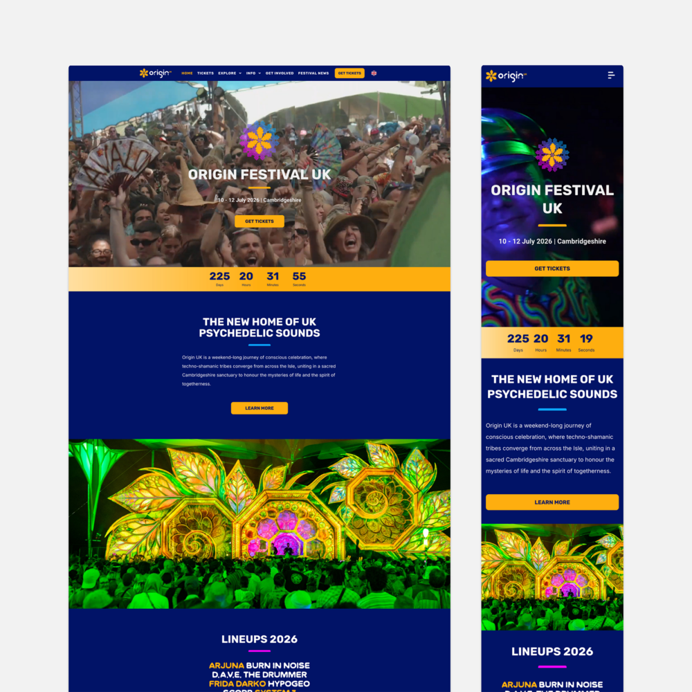 Origin Festival UK website homepage shown on desktop and mobile devices