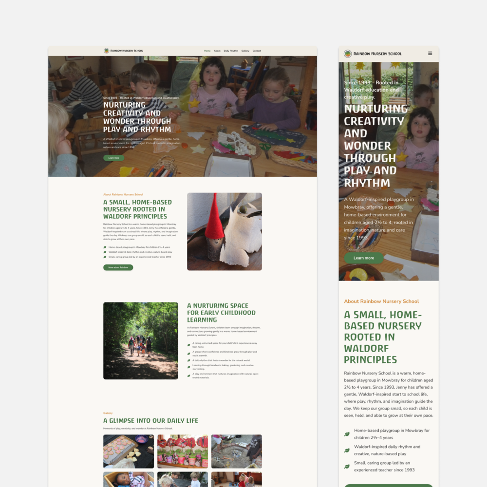Desktop and mobile views of the Rainbow Nursery School website showing the redesigned homepage and navigation.
